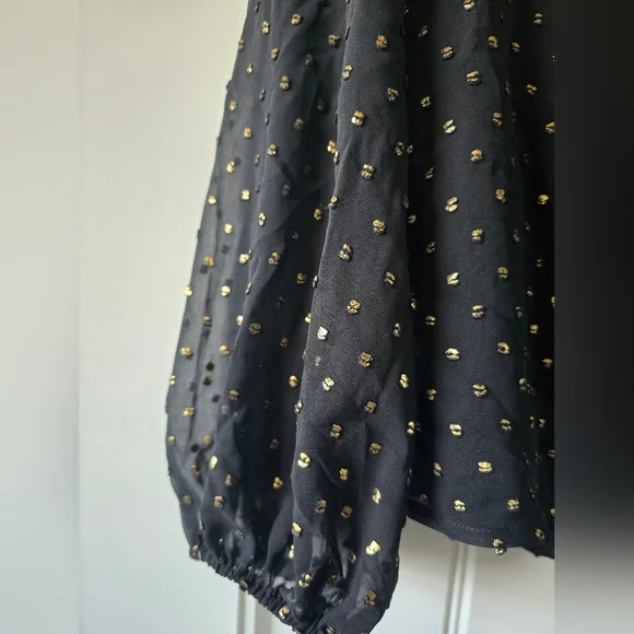 Trina Turk Quiet Luxury Sheer Ballon Sleeve Black Blouse W/Gold Accents M - Picture 12 of 14